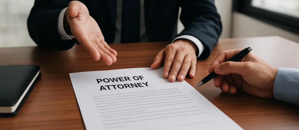 Illustration of a client signing a Power of Attorney document with a legal consultant, representing professional Power of Attorney services, legal drafting, and translation assistance in the UAE by the notary Dubai
